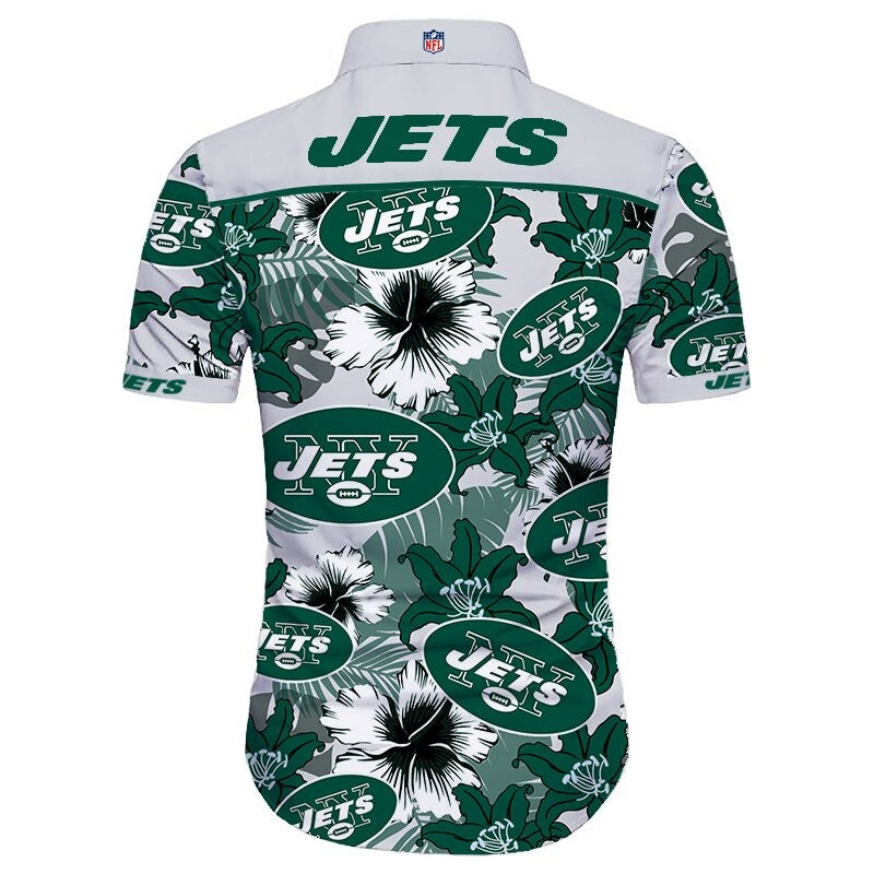 Back view of  New York Jets Hawaiian Shirt featuring bold team name and logo, tropical hibiscus floral pattern,  WHITE shoulder panel, men's short-sleeve button-down.