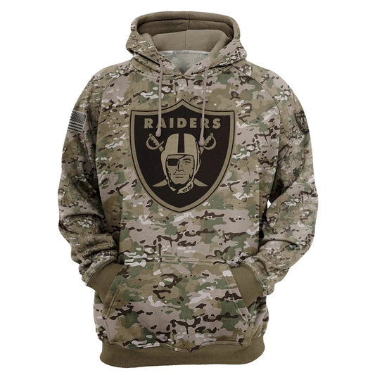 Oakland Raiders Camo Pullover Hoodie – Military Style featuring large Oakland Raiders logo on chest, camouflage design, and front kangaroo pocket – unisex and US sizing
