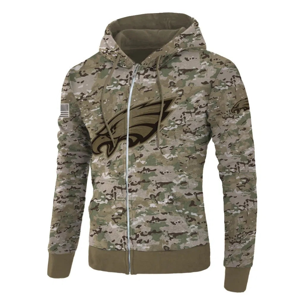 Front view of Philadelphia Eagles Camo Zipper Hoodie – Military Style with camouflage print, and Philadelphia Eagles logo on chest – and front kangaroo pocket, unisex fit