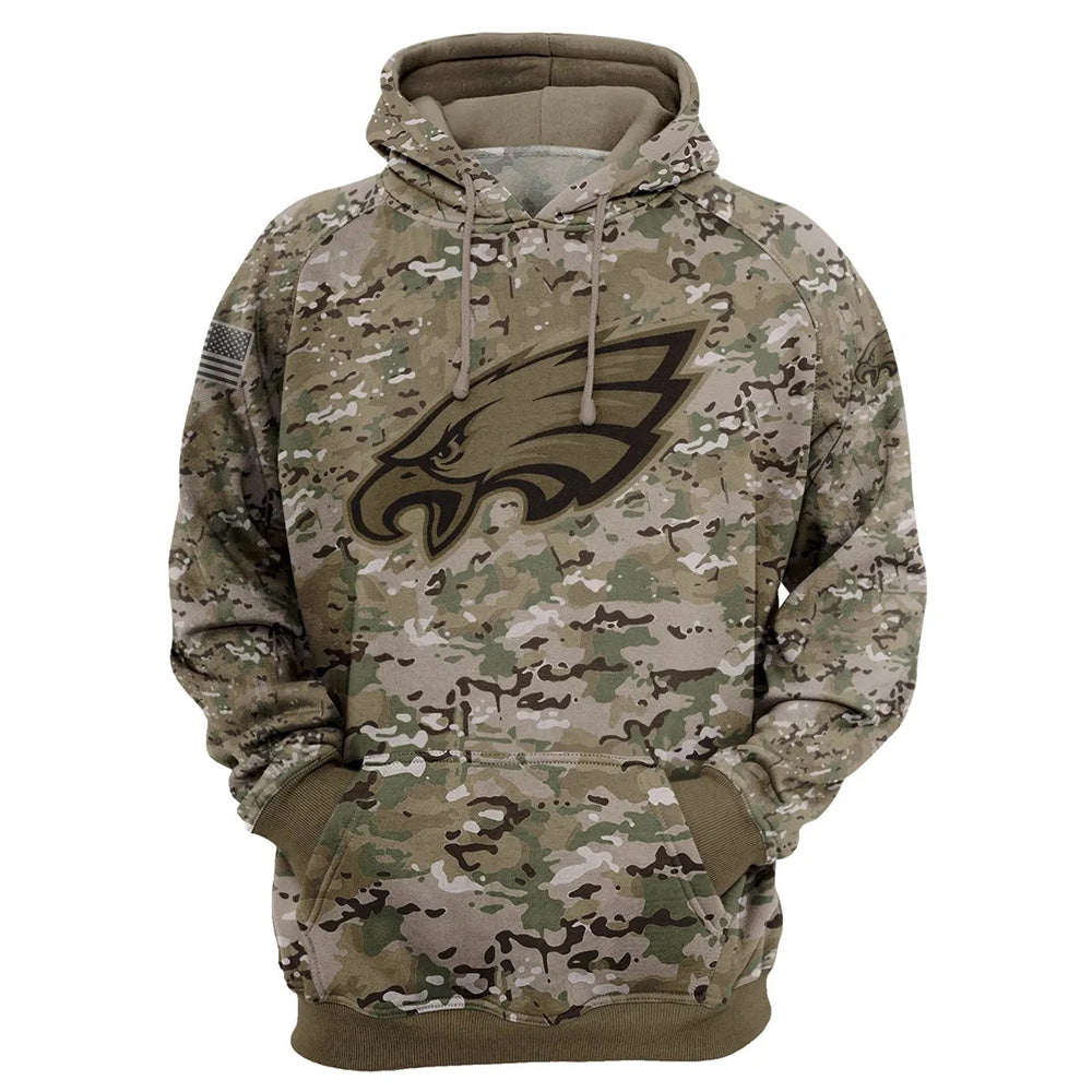 Philadelphia Eagles Camo Pullover Hoodie – Military Style featuring large Philadelphia Eagles logo on chest, camouflage design, and front kangaroo pocket – unisex and US sizing