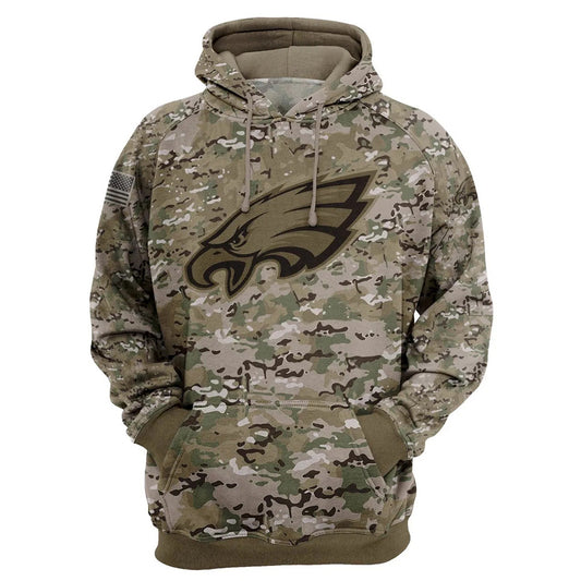 Philadelphia Eagles Camo Pullover Hoodie – Military Style featuring large Philadelphia Eagles logo on chest, camouflage design, and front kangaroo pocket – unisex and US sizing