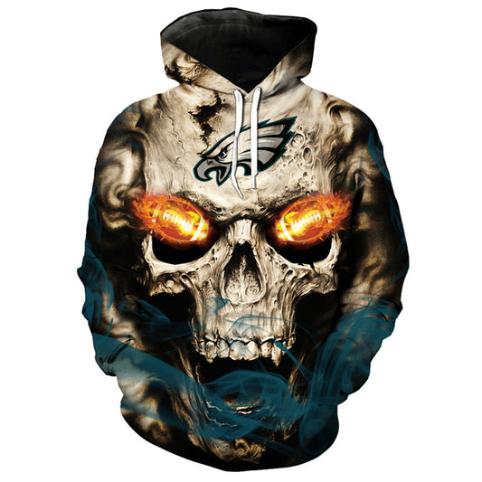 Front view of Philadelphia Eagles Skull Hoodie – Red Inferno Edition, featuring a gothic skull design with glowing red football eyes and a Philadelphia Eagles on the forehead.
