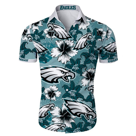 Front view of  Philadelphia Eagles Hawaiian Shirt – Men's Summer Aloha Button Down with vibrant GREEN floral design and team logo, short sleeves, US sizing