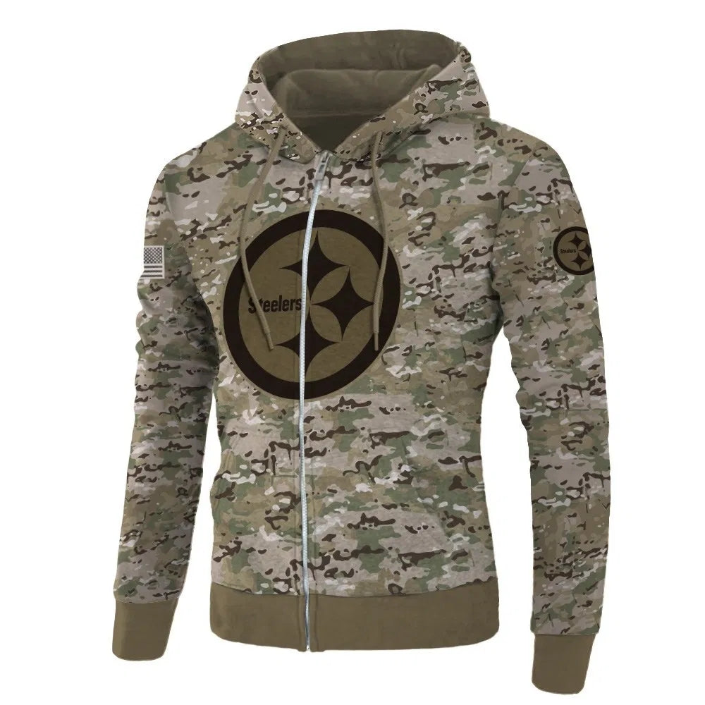 Front view of Pittsburgh Steelers Camo Zipper Hoodie – Military Style with camouflage print, and Pittsburgh Steelers logo on chest – and front kangaroo pocket, unisex fit