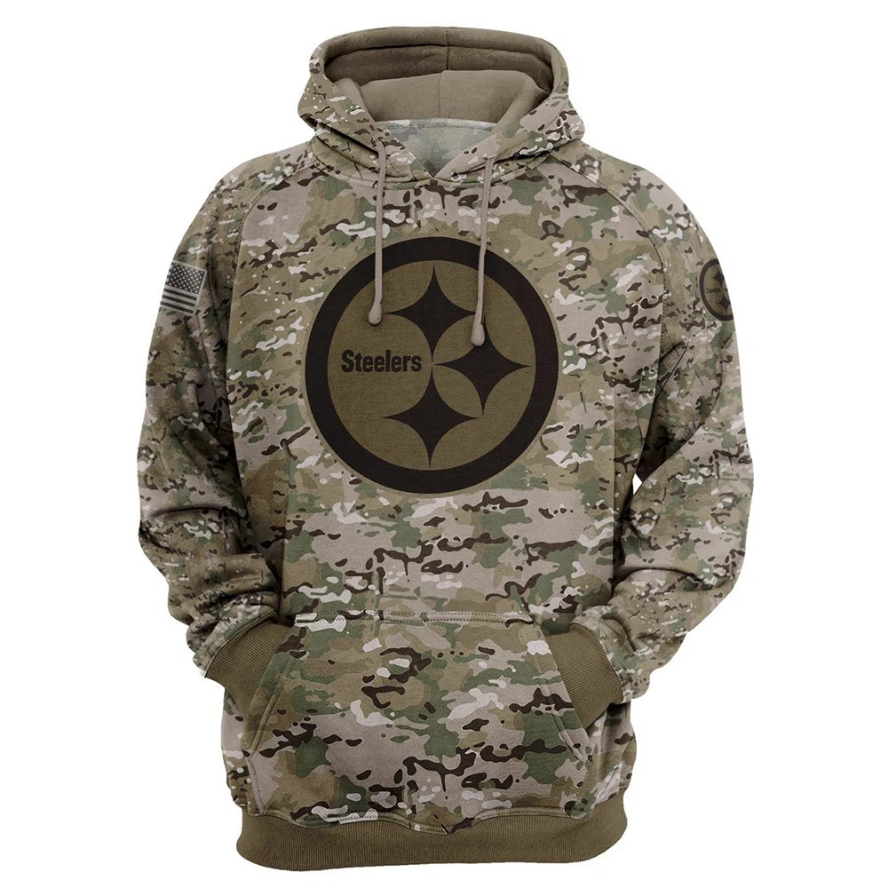 Pittsburgh Steelers Camo Pullover Hoodie – Military Style featuring large Pittsburgh Steelers logo on chest, camouflage design, and front kangaroo pocket – unisex and US sizing