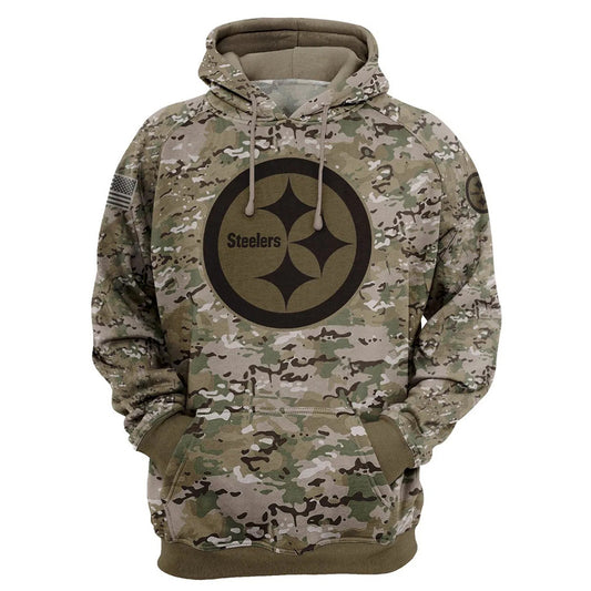 Pittsburgh Steelers Camo Pullover Hoodie – Military Style featuring large Pittsburgh Steelers logo on chest, camouflage design, and front kangaroo pocket – unisex and US sizing