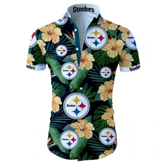 Front view of  Pittsburgh Steelers Hawaiian Shirt – Men's Summer Aloha Button Down with vibrant YELLOW floral design and team logo, short sleeves, US sizing.