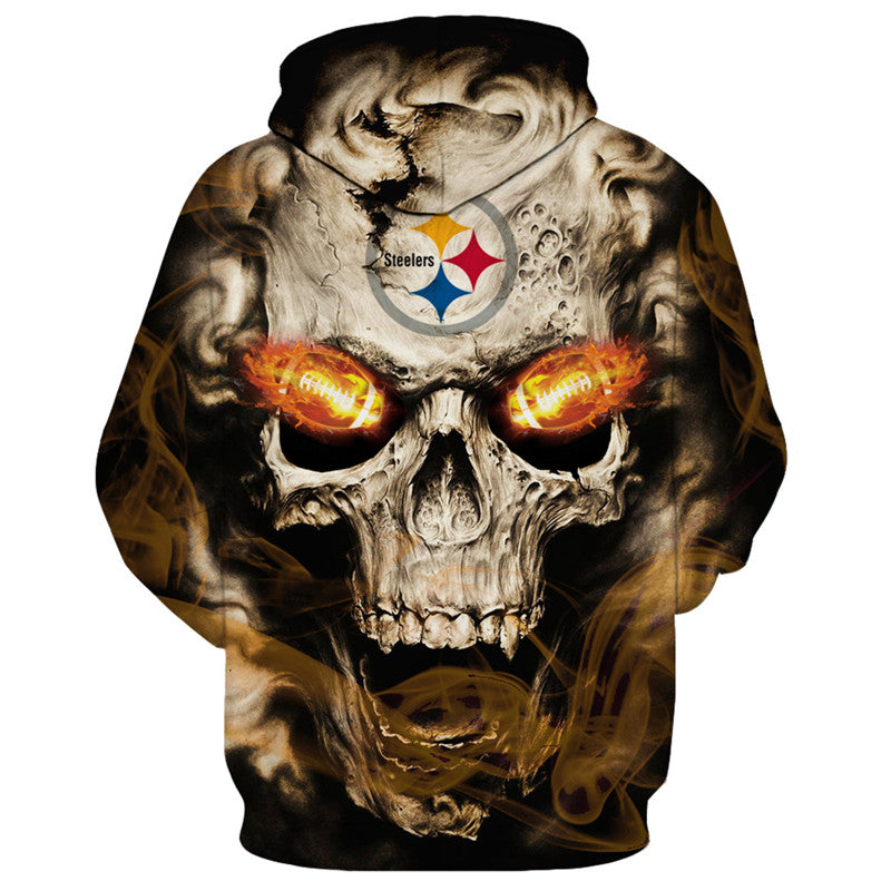 Back view of Pittsburgh Steelers Skull Hoodie – Red Inferno Edition, showcasing a bold skull print with electric red eye effects and Pittsburgh Steelers logo