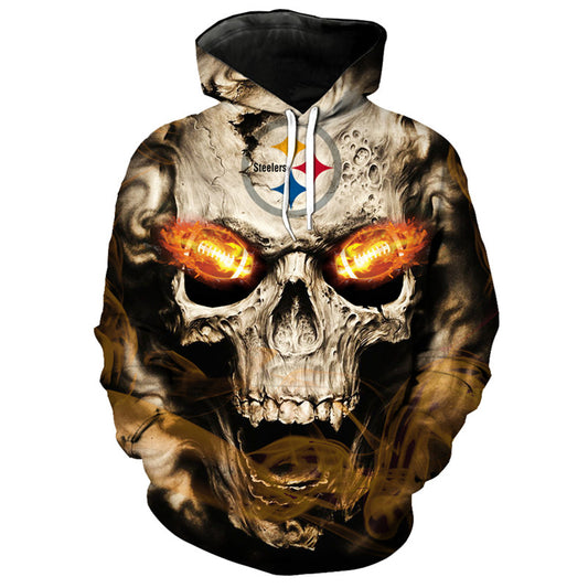 Front view of Pittsburgh Steelers Skull Hoodie – Red Inferno Edition, featuring a gothic skull design with glowing red football eyes and a Pittsburgh Steelers on the forehead.