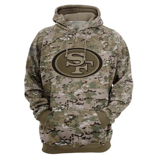 Front view of San Francisco 49ers Camo Zipper Hoodie – Military Style with camouflage print, and SF team logo on chest – unisex fit