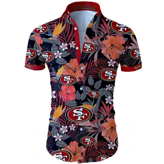 Front view of  San Francisco 49ers Hawaiian Shirt – Men's Summer Aloha Button Down with vibrant RED floral design and team logo, short sleeves, US sizing.
