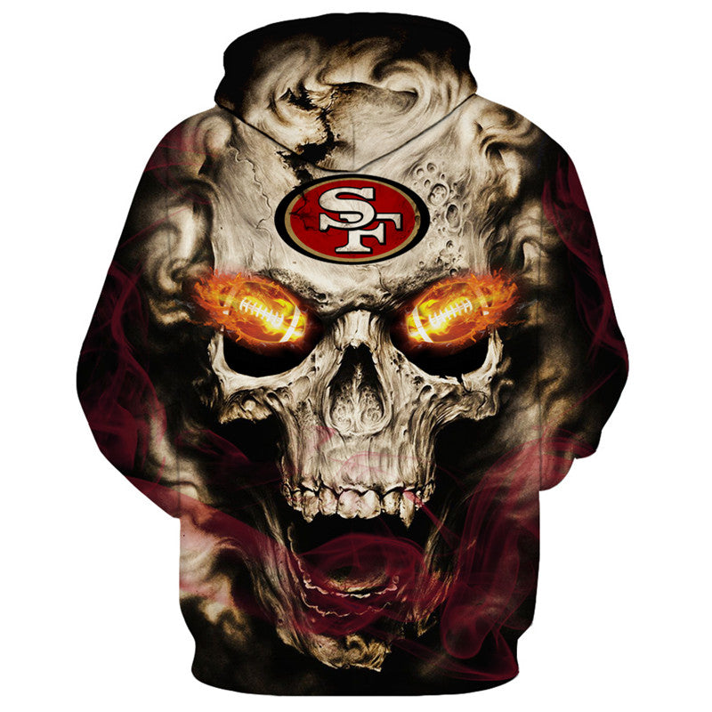 Back view of San Francisco 49ers Skull Hoodie – Red Inferno Edition, showcasing a bold skull print with electric red eye effects and San Francisco 49ers logo
