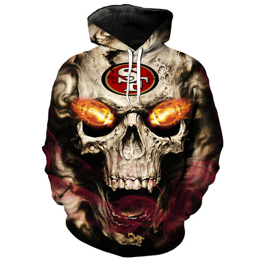 Front view of San Francisco 49ers Skull Hoodie – Red Inferno Edition, featuring a gothic skull design with glowing red football eyes and a San Francisco 49ers on the forehead.
