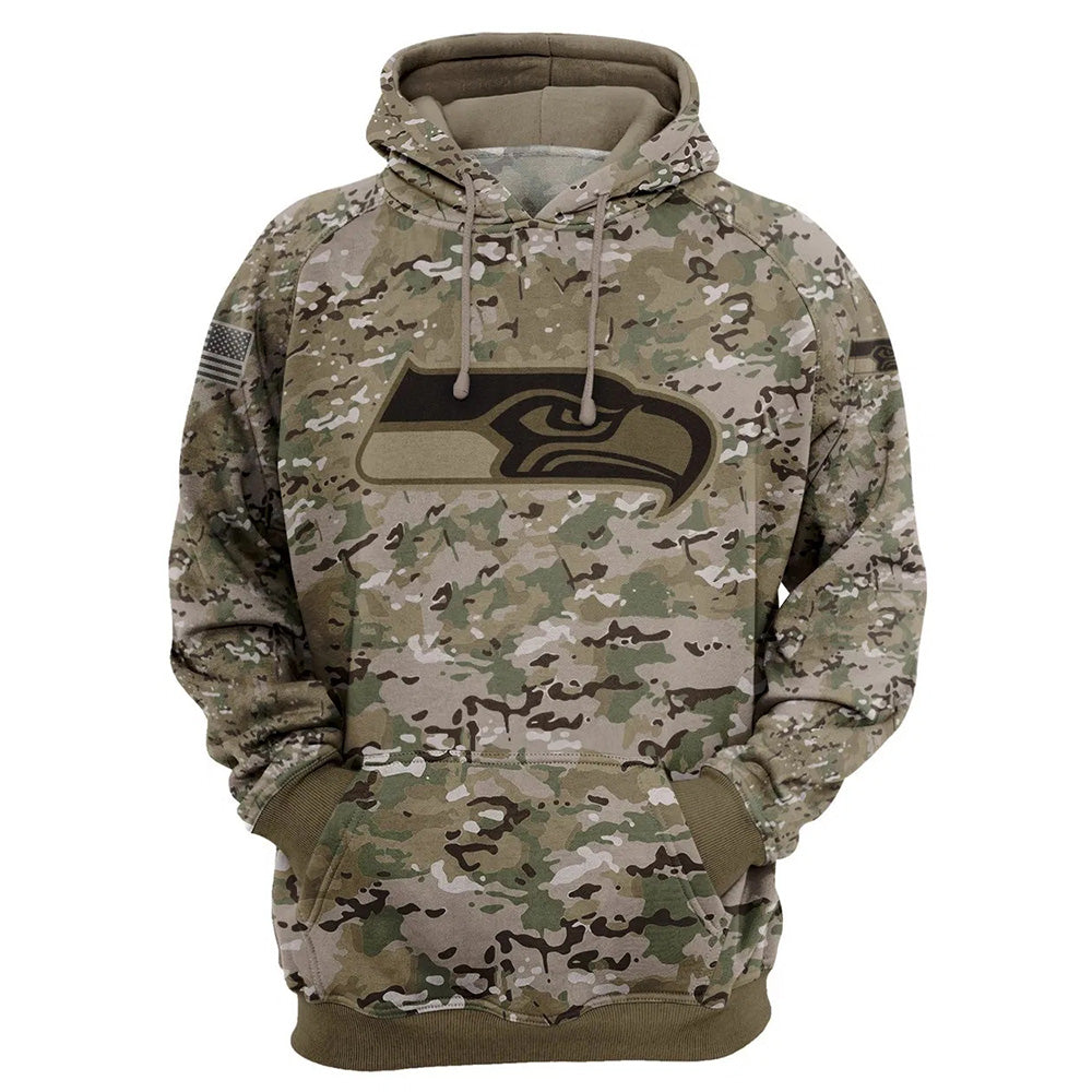 Seattle Seahawks Camo Pullover Hoodie – Military Style featuring large Seattle Seahawks logo on chest, camouflage design, and front kangaroo pocket – unisex and US sizing
