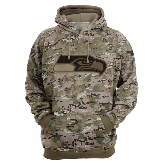 Seattle Seahawks Camo Pullover Hoodie – Military Style featuring large Seattle Seahawks logo on chest, camouflage design, and front kangaroo pocket – unisex and US sizing