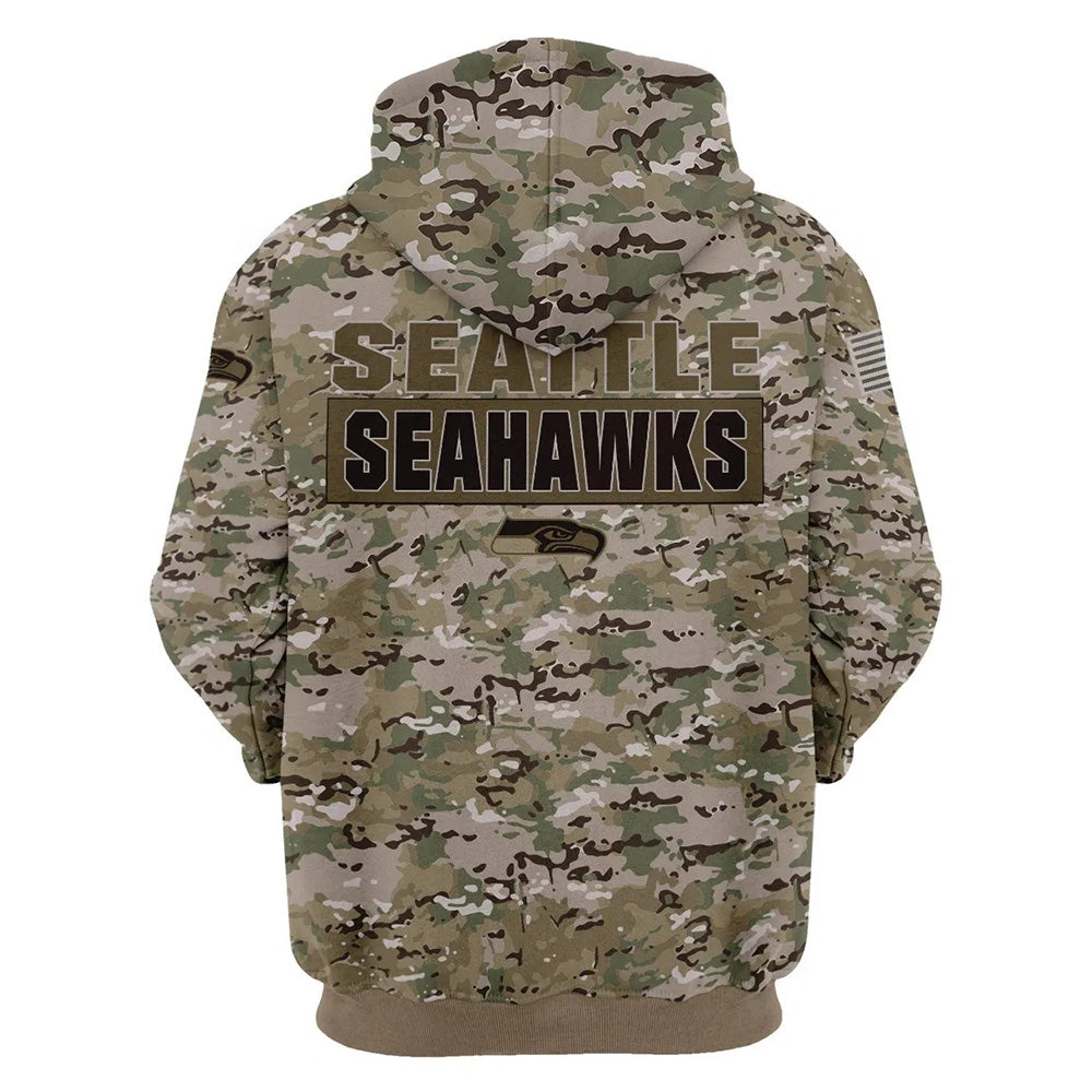 Back view of Seattle Seahawks Camo Hoodie – Military Style showing bold SEATTLE SEAHAWKS text with team logo and military camouflage pattern