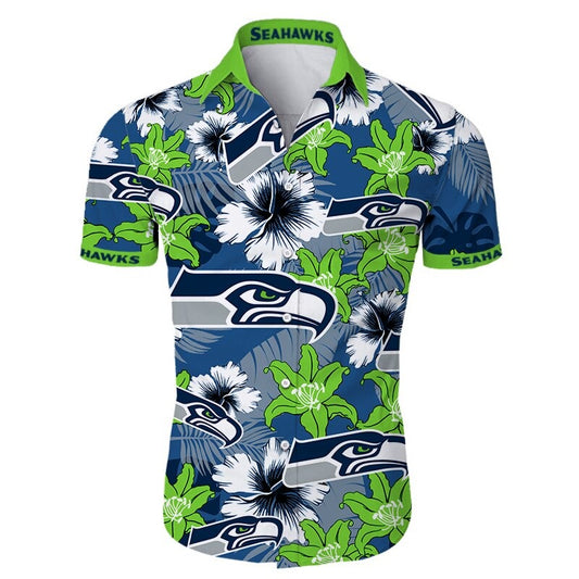 Front view of  Seattle Seahawks Hawaiian Shirt – Men's Summer Aloha Button Down with vibrant GREEN floral design and team logo, short sleeves, US sizing.