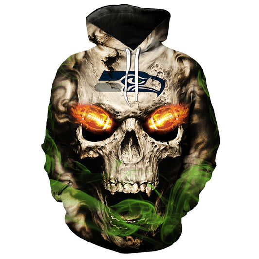 Front view of Seattle Seahawks Skull Hoodie – Red Inferno Edition, featuring a gothic skull design with glowing red football eyes and a Seattle Seahawks on the forehead.