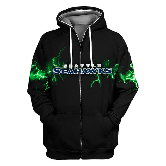 Black Seattle Seahawks full-zip hoodie featuring a bold blue and green logo with electric green lightning bolt graphics across the chest. Ideal Seahawks Fan Gear for men and women.