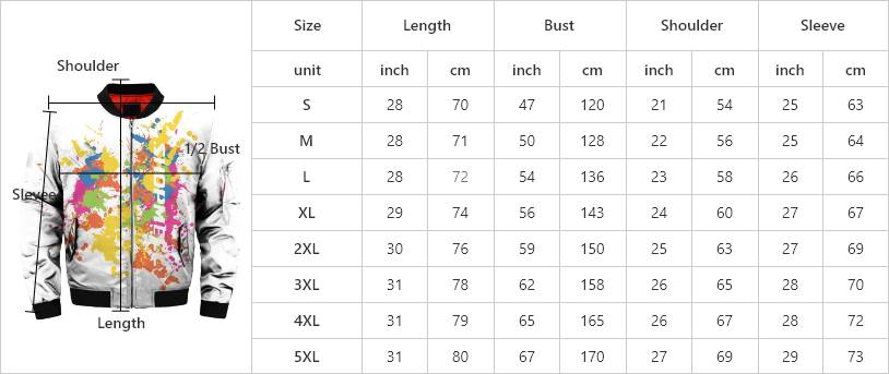 Minnesota Vikings Bomber Jacket size chart showing length, bust, shoulder, and sleeve measurements in inches and centimeters.