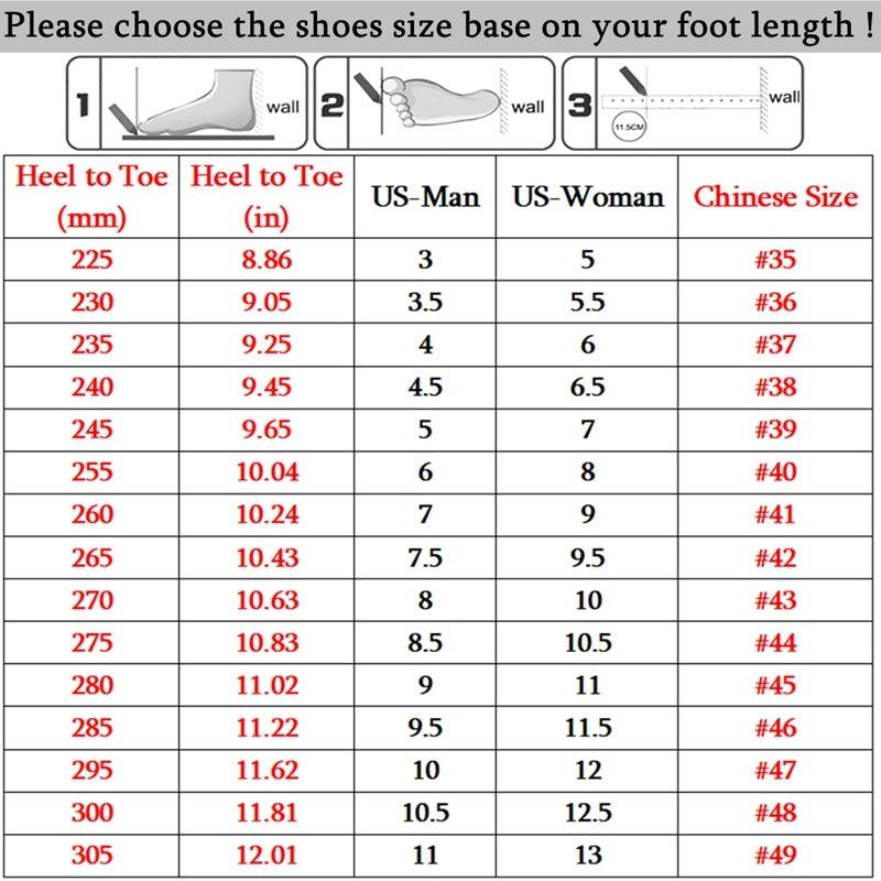 Size chart canvas shoes for fans