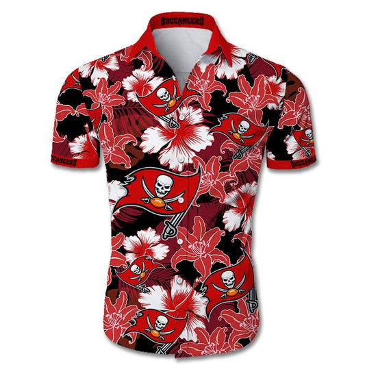 Front view of  Tampa Bay Buccaneers Hawaiian Shirt – Men's Summer Aloha Button Down with vibrant RED floral design and team logo, short sleeves, US sizing.