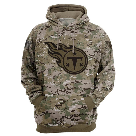 Tennessee Titans Camo Pullover Hoodie – Military Style featuring large Tennessee Titans logo on chest, camouflage design, and front kangaroo pocket – unisex and US sizing