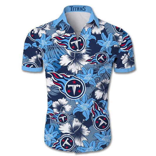 Front view of  Tennessee Titans Hawaiian Shirt – Men's Summer Aloha Button Down with vibrant NAVY BLUE floral design and team logo, short sleeves, US sizing.
