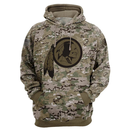 Washington Redskins Camo Pullover Hoodie – Military Style featuring large Washington Redskins logo on chest, camouflage design, and front kangaroo pocket – unisex and US sizing