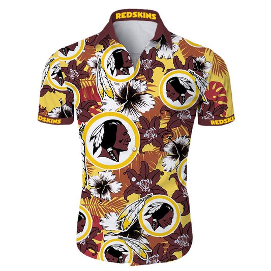 Front view of  Washington Redskins Hawaiian Shirt – Men's Summer Aloha Button Down with vibrant burgundy floral design and team logo, short sleeves, US sizing.