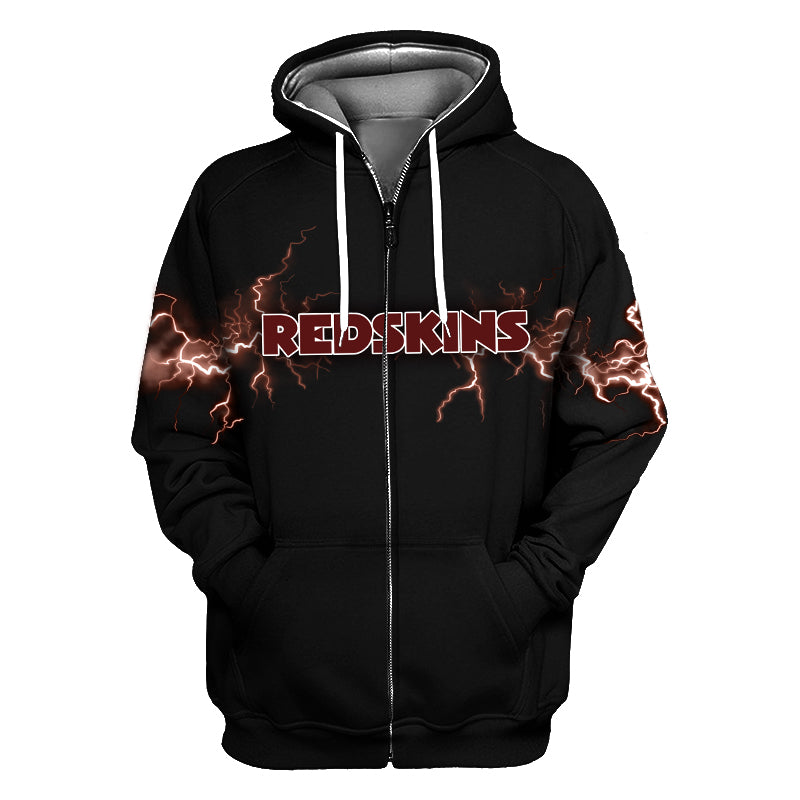 Black Washington Redskins full-zip hoodie featuring the team name with fierce maroon and gold lightning bolt graphics across the chest. Essential Redskins Fan Gear apparel for men and women.