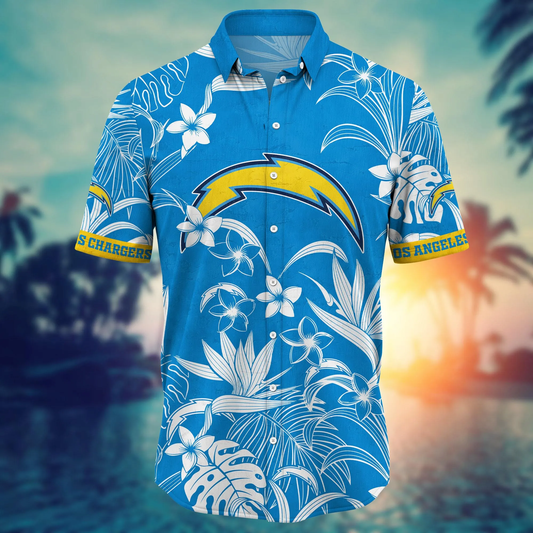 Los Angeles Chargers tropical Hawaiian shirt featuring Chargers logo with blue and gold floral pattern, front view NFL aloha shirt