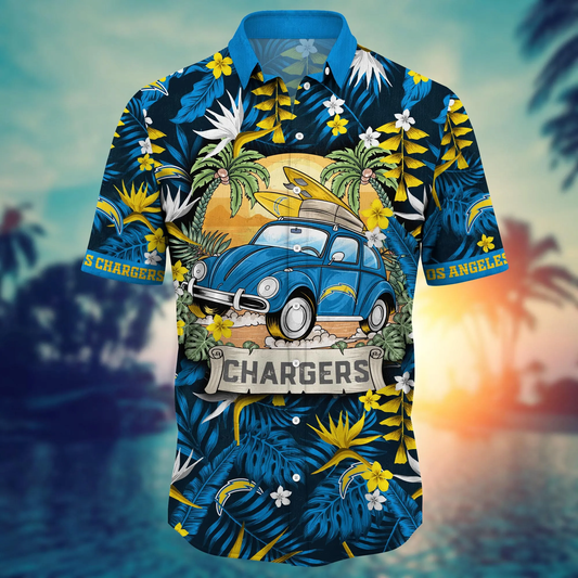 Los Angeles Chargers Hawaiian shirt featuring tropical floral patterns, palm leaves, and bold Chargers logos in a blue and yellow beach-style design.